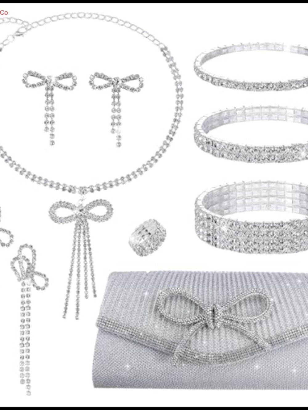 Rhinestone Bow Jewelry Set 10 Pc Clutch Necklace Earrings Bracelets Ring Women